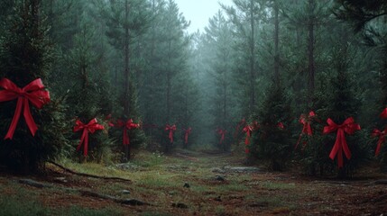 A wide, tranquil shot of a forest full of pine trees, each tree individually decorated with a single, large, red bow,
