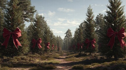 A wide, tranquil shot of a forest full of pine trees, each tree individually decorated with a single, large, red bow,
