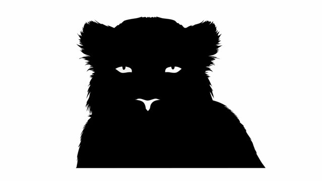 Silhouette of a lion cub with fluffy fur and glowing eyes staring directly at the viewer intensely