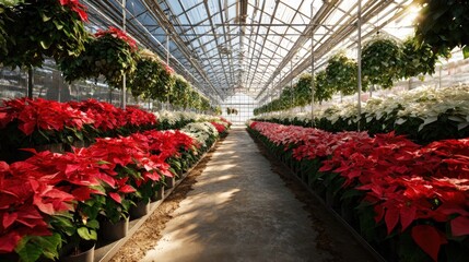 A wide-angle interior shot of a commercial greenhouse filled with rows of potted poinsettias in various shades of red and white,