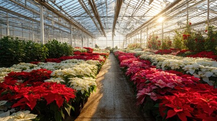 A wide-angle interior shot of a commercial greenhouse filled with rows of potted poinsettias in various shades of red and white,