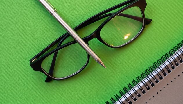 Workspace Harmony: A sleek pair of eyeglasses, a polished pen, and a spiral-bound notebook lie atop a vibrant green surface, inviting focus, inspiration, and productivity. - Powered by Adobe