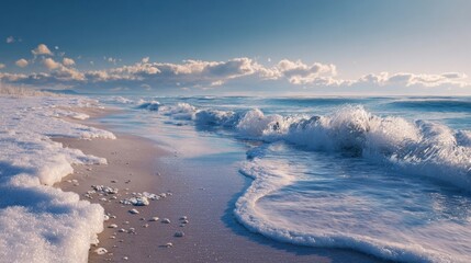 A winter beach with snow on the sand and icy waves,