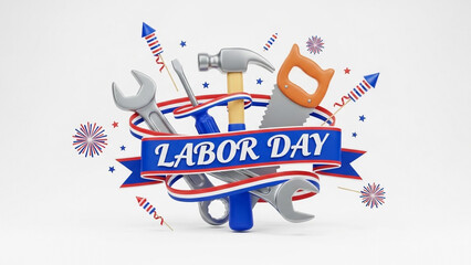 Celebrate labor day with tools and fireworks for a happy labor day banner