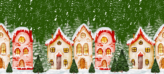 Cute watercolor christmas village scene with snow falling, seamless winter border.