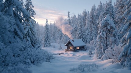 A winter forest with a cabin smoke rising from the chimney,