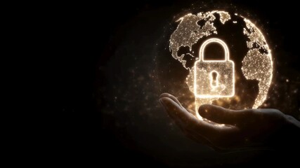 Protect global data with dynamic security solutions, hand holding glowing earth with padlock, showing digital safety and advanced technology - Powered by Adobe