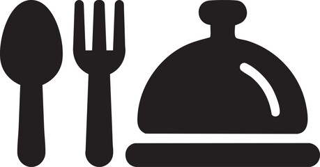 A simple and elegant monochromatic illustration of culinary dining, featuring a spoon, a fork, and a covered dish, perfect for restaurant themes.
