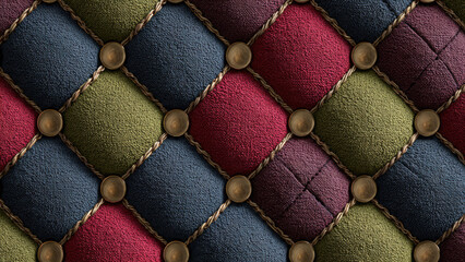 Naklejka premium A rich, colorful quilted upholstery pattern featuring diamond-shaped fabric panels in red, blue, green, and purple. Brass buttons and braided trim create a luxurious, classic tufted texture.