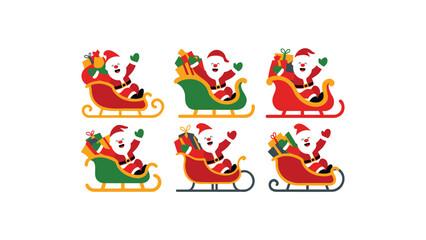 Fototapeta premium Collection of six charming cartoon santas in red and green sleighs filled with gifts and presents