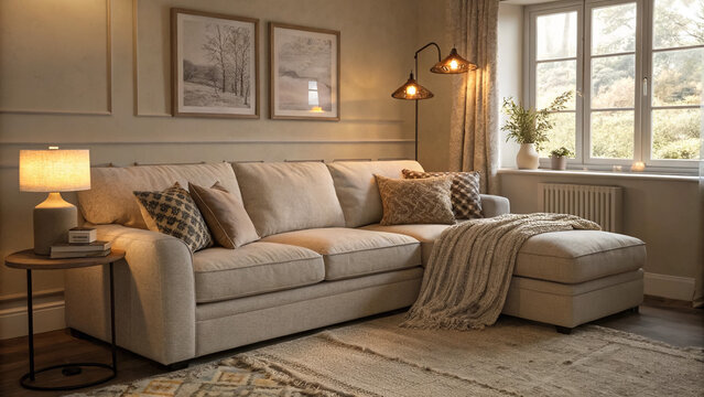 Comfortable beige l shaped sofa in living room with natural light and decor