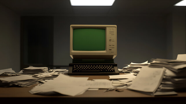 Vintage computer with a green screen sits on a desk amid scattered papers in a dimly lit office, evocative of an era gone by and the relentless pursuit of progress.