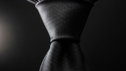 Close up of elegant gray tie on black background for formal wear fashion