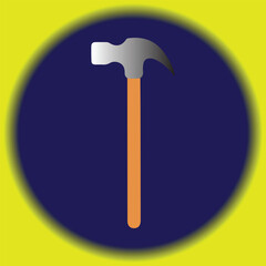 Illustration of a hammer with a blue background and yellow border