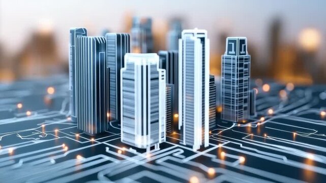 Discover a modern city with shining skyscrapers and vibrant circuitry under the warm glow of sunset, showcasing innovation and design