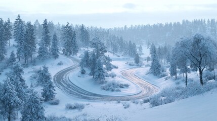 A winter landscape with a winding road through the snow,