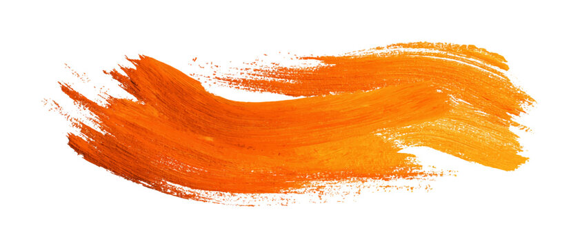 Orange paint stroke on white background. Orange watercolor paint stroke with textured brush marks and white edges isolated on transparent background.