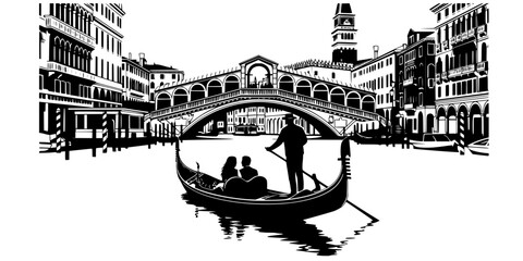 Romantic Venice Gondola Ride Vector Silhouette © T-Shop