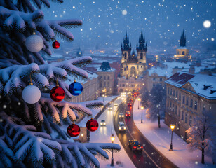 A New Year's city, a top view through snow-covered pine branches with Christmas tree decorations