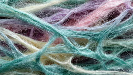 Obraz premium Intricate macro view of tangled pastel yarn, featuring delicate fuzzy fibers in gentle shades of teal, lavender, pink, and cream.