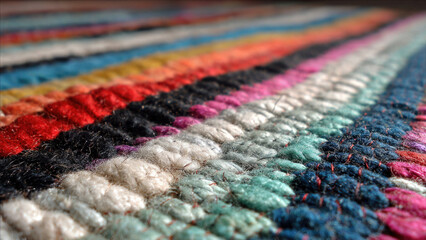 Fototapeta premium A vibrant close-up of a multi-colored braided rug, showcasing its rich, fuzzy texture and diverse yarn colors in a shallow depth of field. Handcrafted textile artistry.