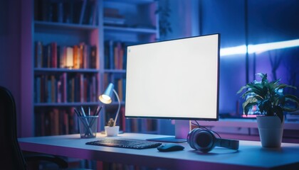 Modern Workspace: A contemporary workspace setup, complete with a blank computer monitor, inviting a creative mind to fill the space. Set within a well-lit study environment.