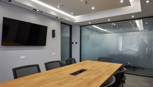 Conference Room: Interior of a modern conference room, equipped for meetings, collaboration, and presentations, exuding professionalism and functionality.