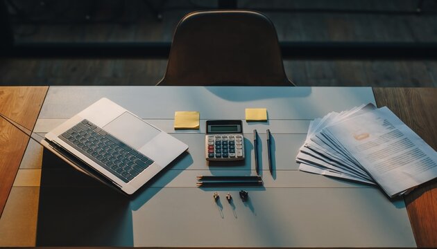 Modern Workplace Desk Essentials: A top-down view of a modern desk, meticulously arranged with a laptop, calculator, pen, paper, and sticky notes.