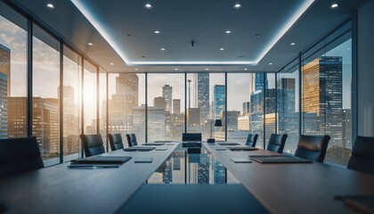 Boardroom Perspective: A modern boardroom setting with a panoramic view of the bustling city. The sleek interior, natural light, and city skyline create a sense of sophistication and vision