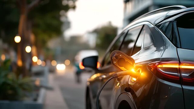 Charging modern electric car battery on street which are future of automobile close up power supply plugged into electric car being charged for hybrid new era vehicle fuel with