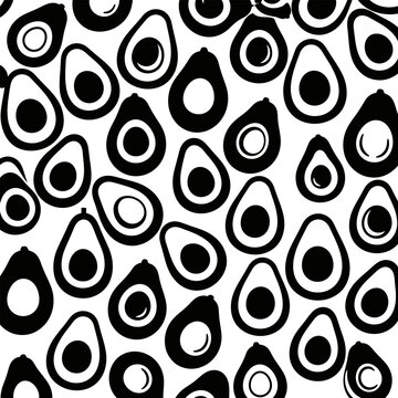 Black and white avocado pattern seamless vector design healthy food trendy modern background illustration