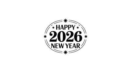 Happy new year 2026 circular emblem with stars and decorative elements in black and white