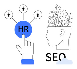 Hand selecting HR icon connected to people, alongside blooming head symbolizing creativity and growth. Ideal for HR, recruitment, innovation, SEO, brainstorming, team building, and digital marketing