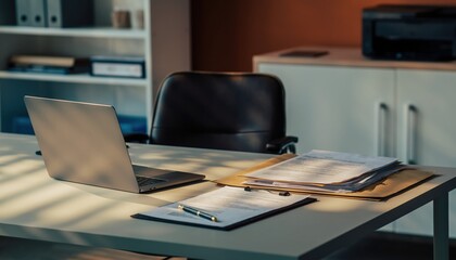 Serene Office Space: The image presents an inviting office workspace. A laptop sits prominently on the desk.