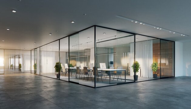 Modern Office Space: An open-plan office features glass-walled meeting room, offering a glimpse of modern work environment.