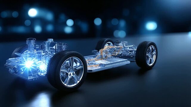 Chassis of electric hybrid car with powertrain car maintenance blue toned lighting vehicle undercarriage EV technology automotive engineering power system battery placement