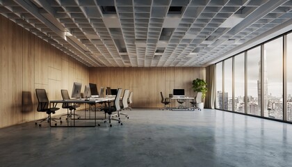 Modern Office Interior with Panoramic Views: A sleek, contemporary office space, bathed in natural light, features an open layout with clean lines, minimalist furniture.