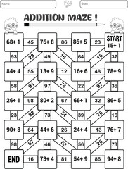 Addition maze puzzle game worksheet for child