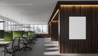 Modern Office Interior: A meticulously crafted contemporary office space showcases sleek lines, natural textures, and a harmonious balance of functionality and design. With an inviting ambiance
