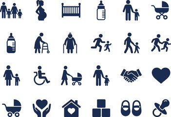 Family and childcare icons set, parenting, baby care, elder support, love, home, emotional bonding, caregiving, community, protection, health, relationships