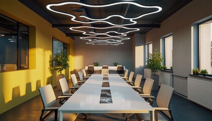 Contemporary Office Meeting Space: A well-lit and modern conference room, featuring a long table, comfortable chairs, and decorative cloud-shaped lighting fixtures.