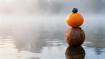 Fruit pyramid on calm water surface symbolizing fragile balance of health from consumed food
