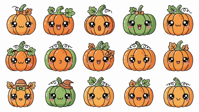 Collection of fifteen cute cartoon pumpkins with various expressions and accessories for halloween decor - Powered by Adobe