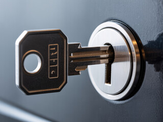 Unlock security with a modern key inserted smoothly into a keyhole, representing access and protection solutions
