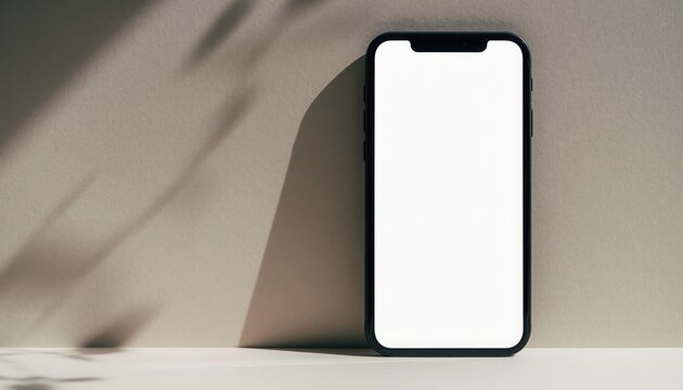 Minimalist Smartphone Presentation: Sleek smartphone with blank screen. The interplay of light and shadow creates a modern, clean aesthetic that suggests technology and design.