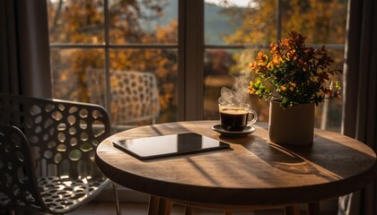 Morning serenity with coffee and tablet: A cozy morning scene, featuring a steaming cup of coffee next to a tablet.