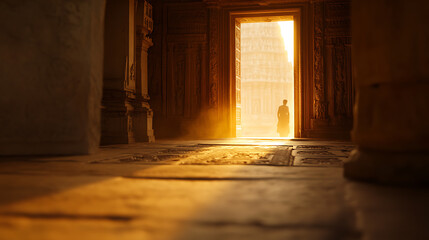 Illuminated Gateway: A figure stands silhouetted at a radiant doorway. Sunlight streams through an old building, illuminating the stone floor. Transition between worlds.