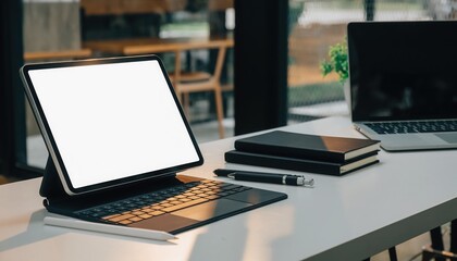 Digital Workspace: An inviting workspace is set with a tablet and laptop, ready to spark productivity. Complete with notebooks, and a pen.