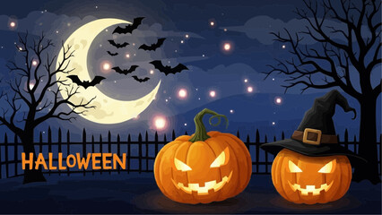 Fototapeta premium Halloween night scene with pumpkins, bats, moon and trees against a dark blue starry sky background