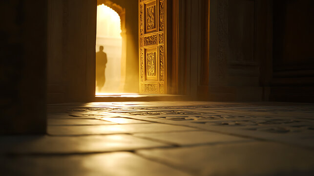 An open carved golden door, with a silhouette of a person standing in the bright light beyond, framed by ornate architecture and patterned stone floor, bathed in warm, ethereal light. - Powered by Adobe